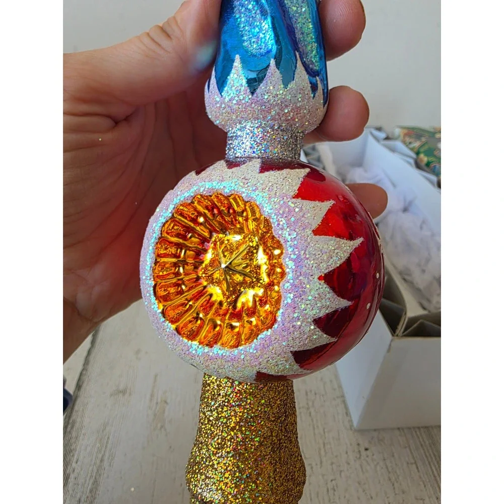 OWC old world indent icicle tree topper glass gold blue glitter Xmas tree